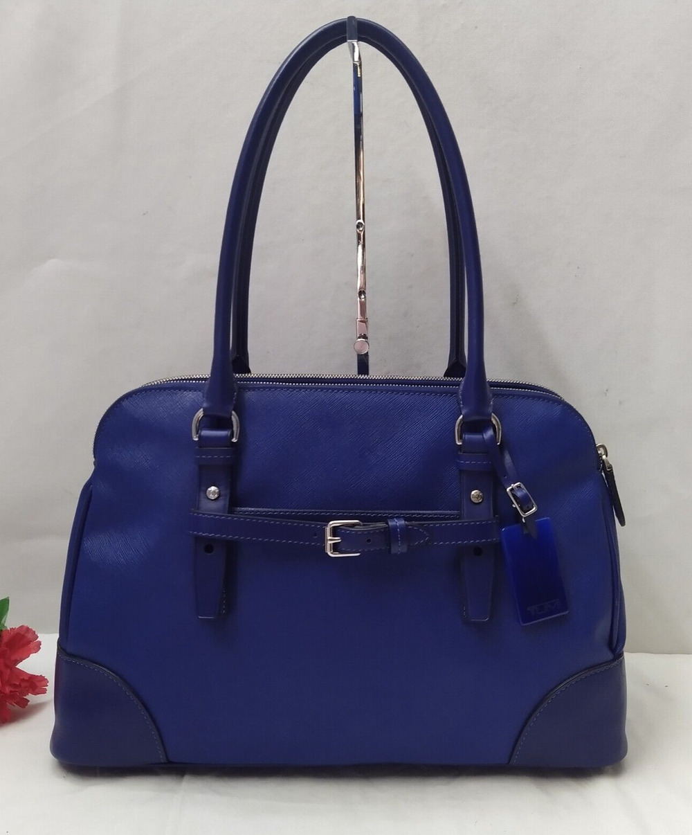 Tumi Cobalt Blue Leather Double Handles Carryall Zipper Satchel Shoulder Bag